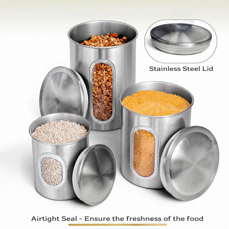 3-Piece Stainless Steel Sealed Canister Set for Kitchen Storage - See-Through Design for Easy Viewing (8oz, 12oz, 16oz, Silver) image number 4