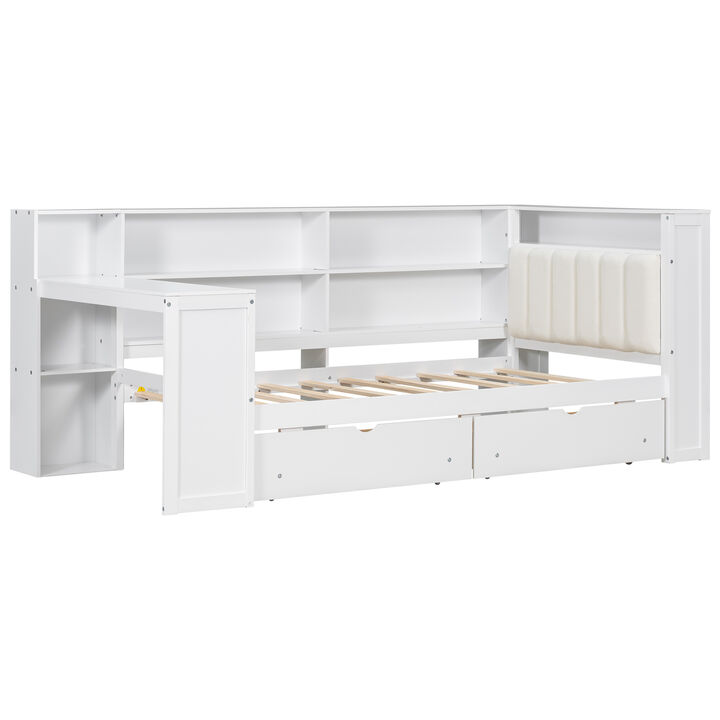 Whisen Twin Size Platform Bed with Storage Shelves, Drawers & Charging Station, Solid Wood+MDF with LED & Desk, Upholstered Headboard for Bedroom