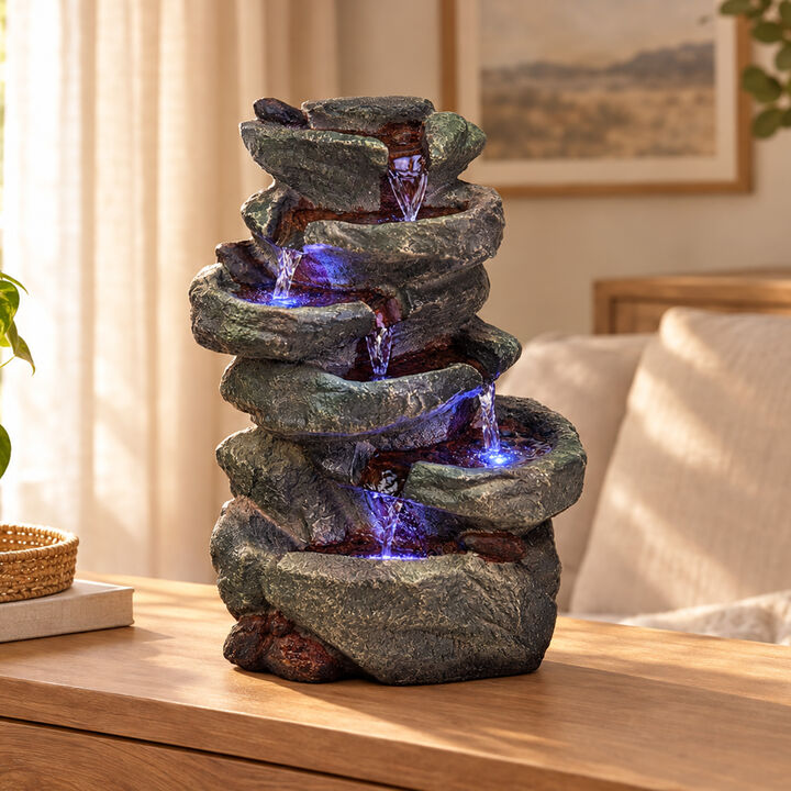 Sunnydaze 15" 6-Tier Tabletop Water Fountain with LED Lights, Stone Falls