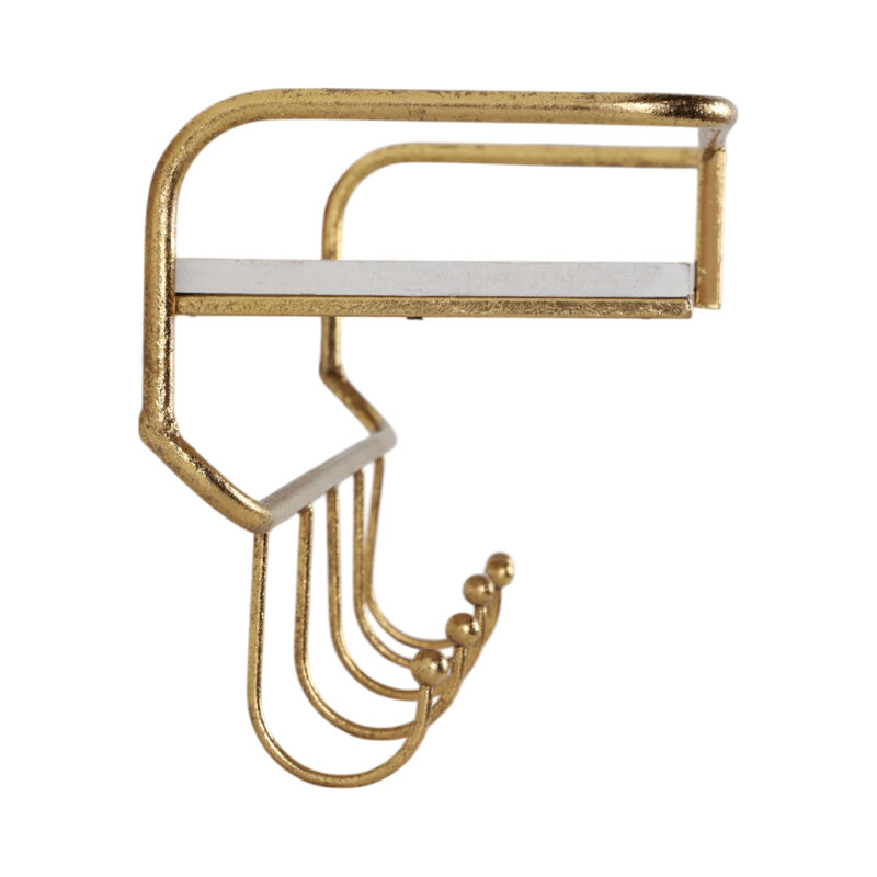 Metal/wood 20" 5  Hook Wall Shelf, White/gold image number 2