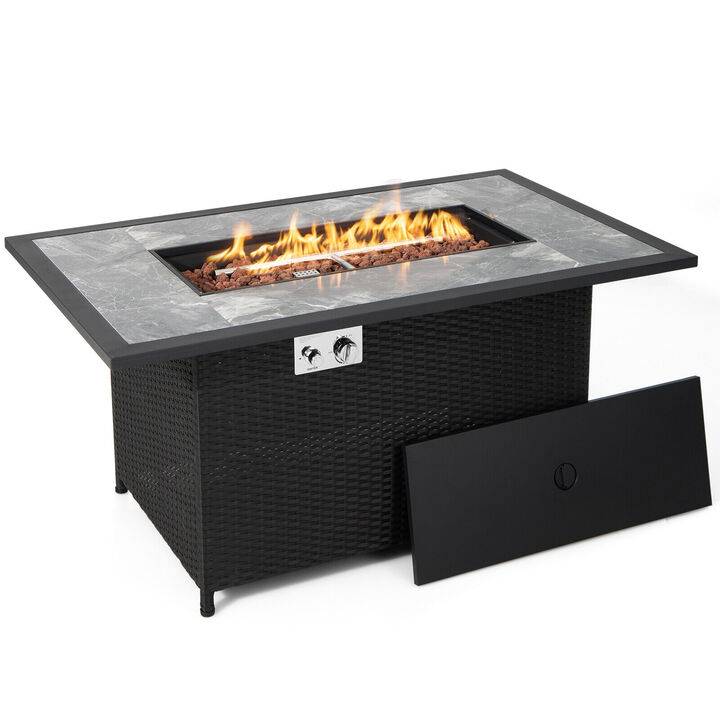 52 Inch Rattan Wicker Propane Fire Pit Table with Rain Cover and Lava Rock-Black