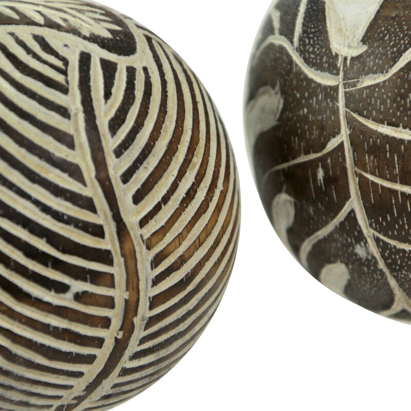 Set of 3 Whitewashed Carved Tropical Leaf Solid Wood Decor Balls image number 3