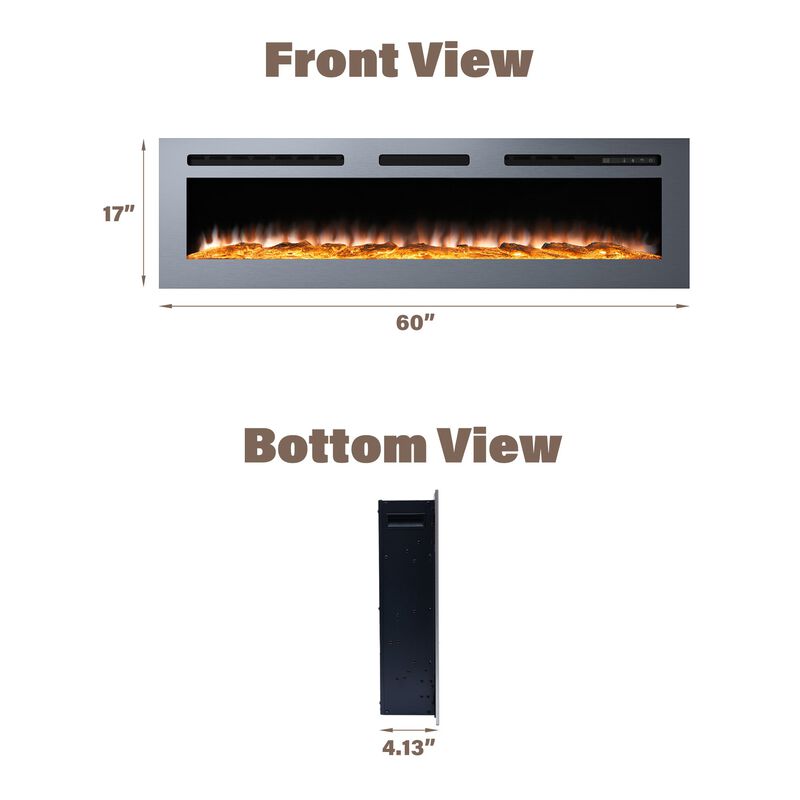 60 in. Wall Mounted and Recessed Stainless Steel Electric Fireplace in Silver