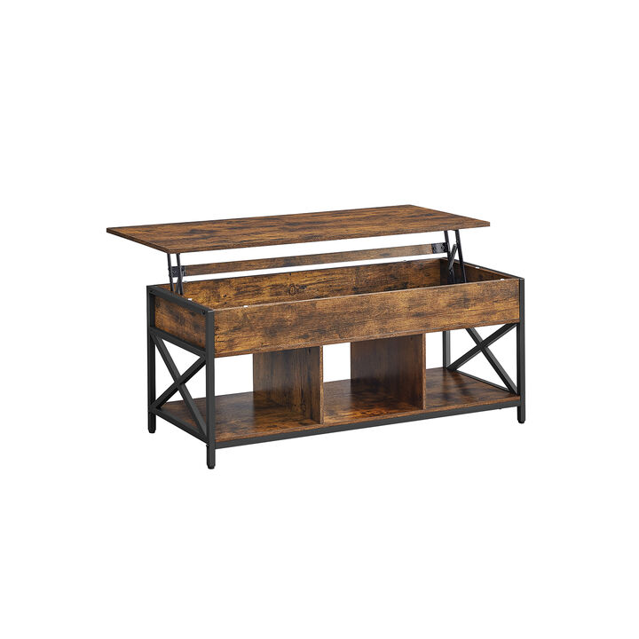 Modern Lift Top Coffee Table - Hidden & Open Compartments with X-Shaped Steel Frame