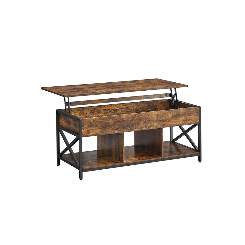 Modern Lift Top Coffee Table - Hidden & Open Compartments with X-Shaped Steel Frame