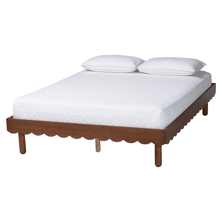 Baxton Studio Orianthe Wood Platform Bed Frame with Scalloped Edge Design - Low Profile Bed Base with Round Legs, Modern Minimalist Bedroom Furniture, Queen Size