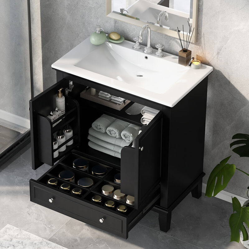 Whisen 30" Bathroom Storage Cabinet Bathroom Vanity with Ceramic Sink and Adjustable Shelf