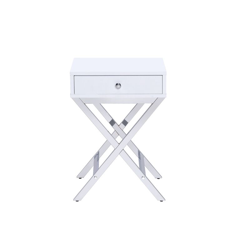 Wood and Metal Side Table with Crossed Base, White and Silver-Benzara