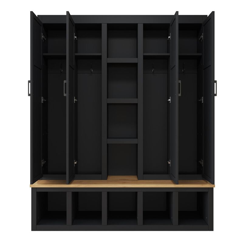 Merax Farmhouse 4-in-1 Hall Tree 6 Hanging Hooks, Wood Grain Bench | Shoe Cabinet with Open Storage