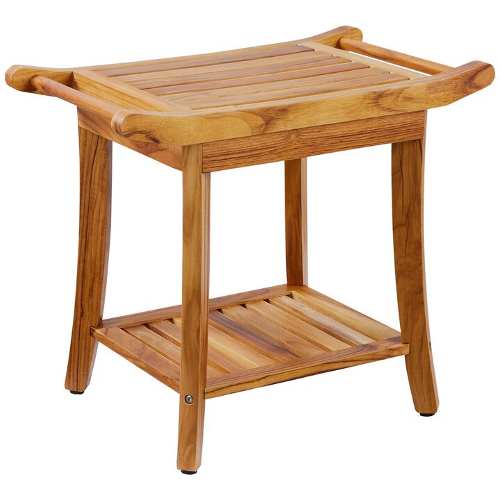 Waterproof Teak Shower Stool with Storage Shelf, Handle and Non Slip Feet-Natural