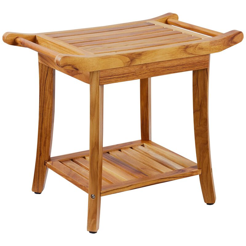 Waterproof Teak Shower Stool with Storage Shelf, Handle and Non Slip Feet-Natural image number 0