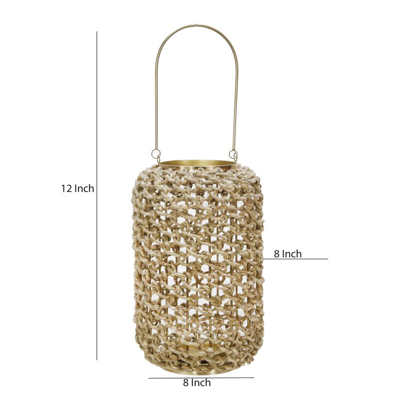 Cylindrical Rattan Lantern with Metal Frame and Handle,Large,Brown and Gold - Benzara image number 4