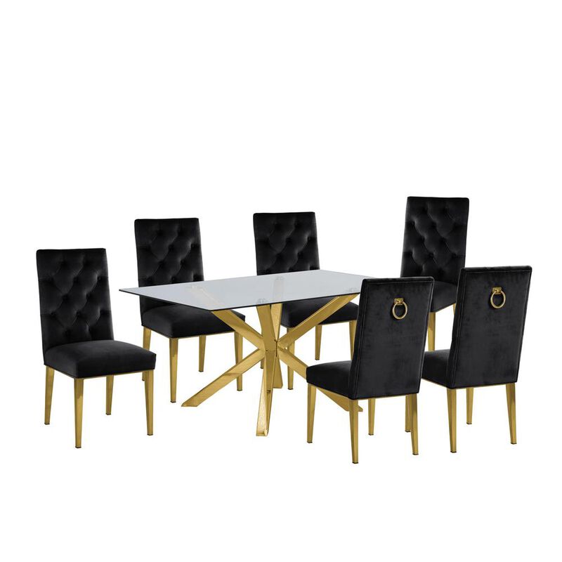 Contemporary 7pc Dining Set, Glass Dining Table w/Stainless Steel Gold Base & Velvet Tufted Chrome Leg Dining Chairs, Black