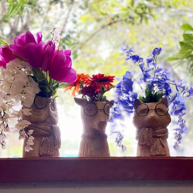 Set of 3 Bespectacled Animal Vases Fox Owl Deer Gold Accent Knit Scarves Glasses image number 5