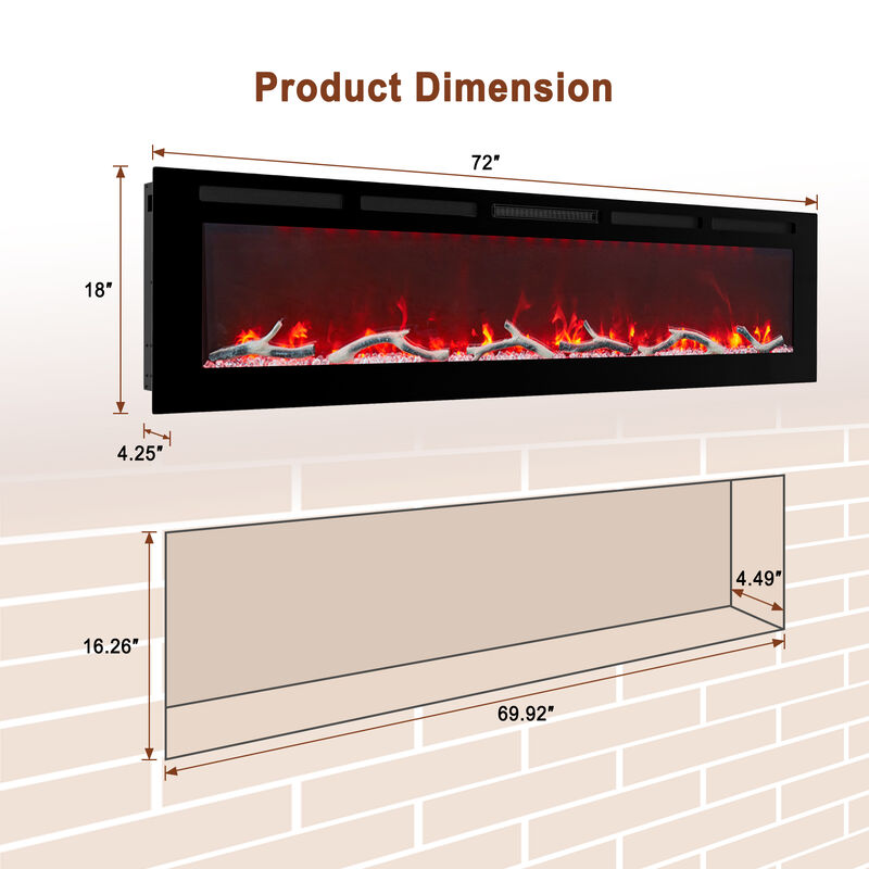 MONDAWE 72" Wall-Mounted Recessed Electric Fireplace 4780 BTU Heater with Remote Control Adjustable Flame Color & Temperature Setting