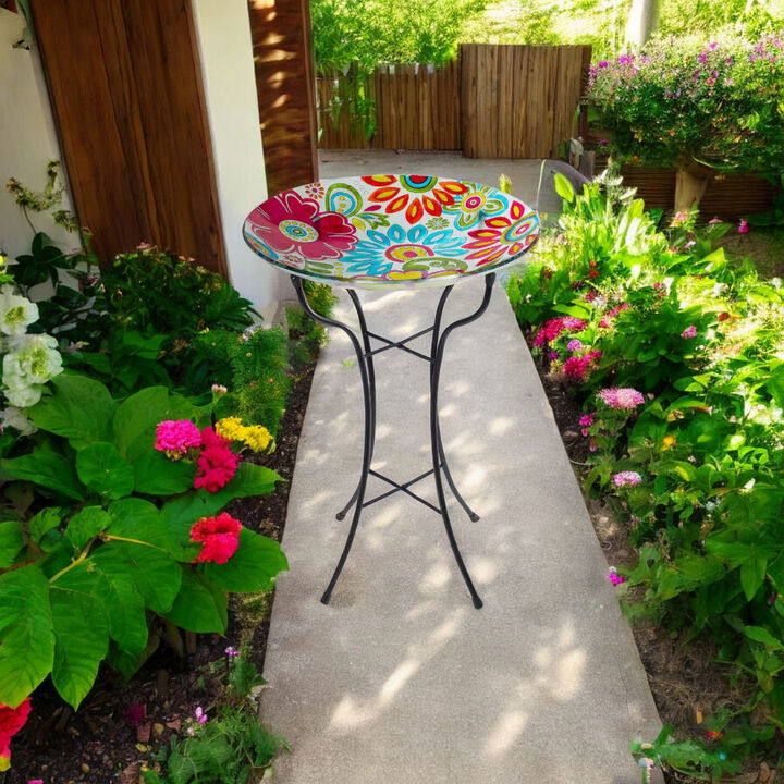 Pastel Floral Glass Bird Bath Elegant Garden Stand for Birds & Wildlife