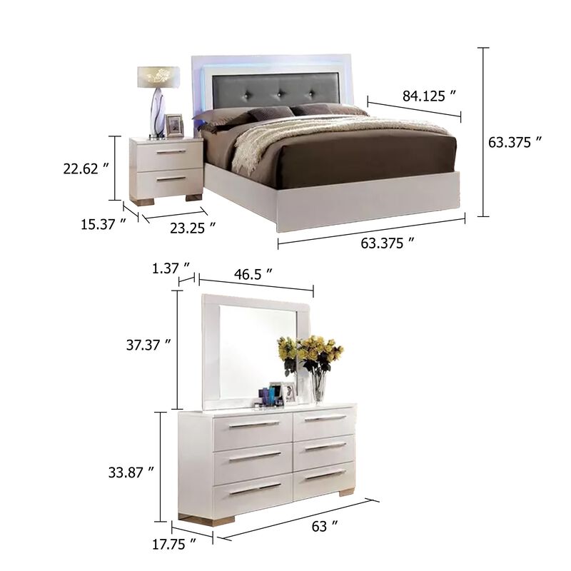 Gely 5pc Queen Bedroom Set, 2 Nightstands, Button Tufted, LED, Glossy White image number 5