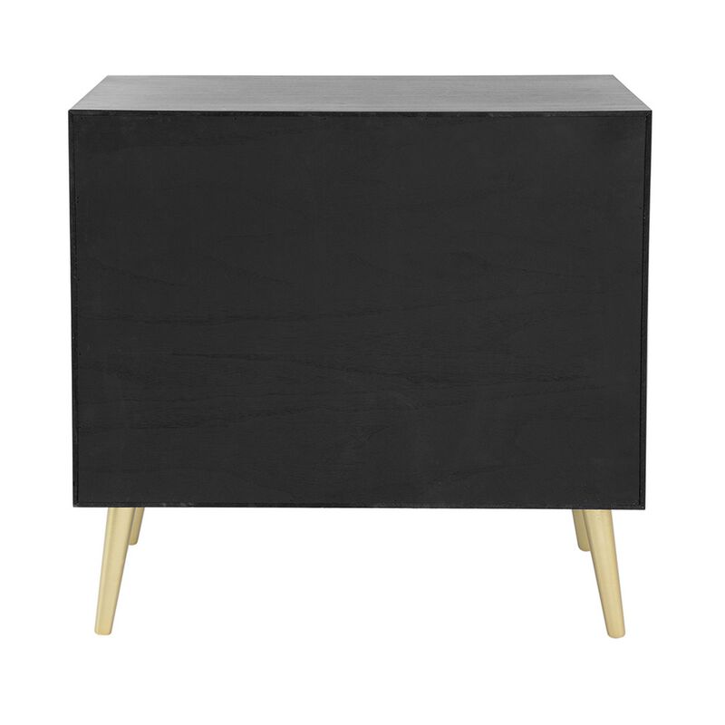 31 Inch Dresser Chest Cabinet, 3 Drawers, Woven Rattan, Modern, Black, Gold - Benzara
