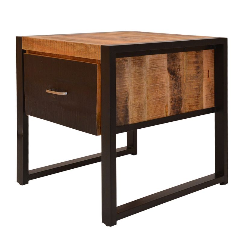 24 Inch Single Drawer Mango Wood Bedside Table, Iron Sled Style Base, Brown, Black-Benzara