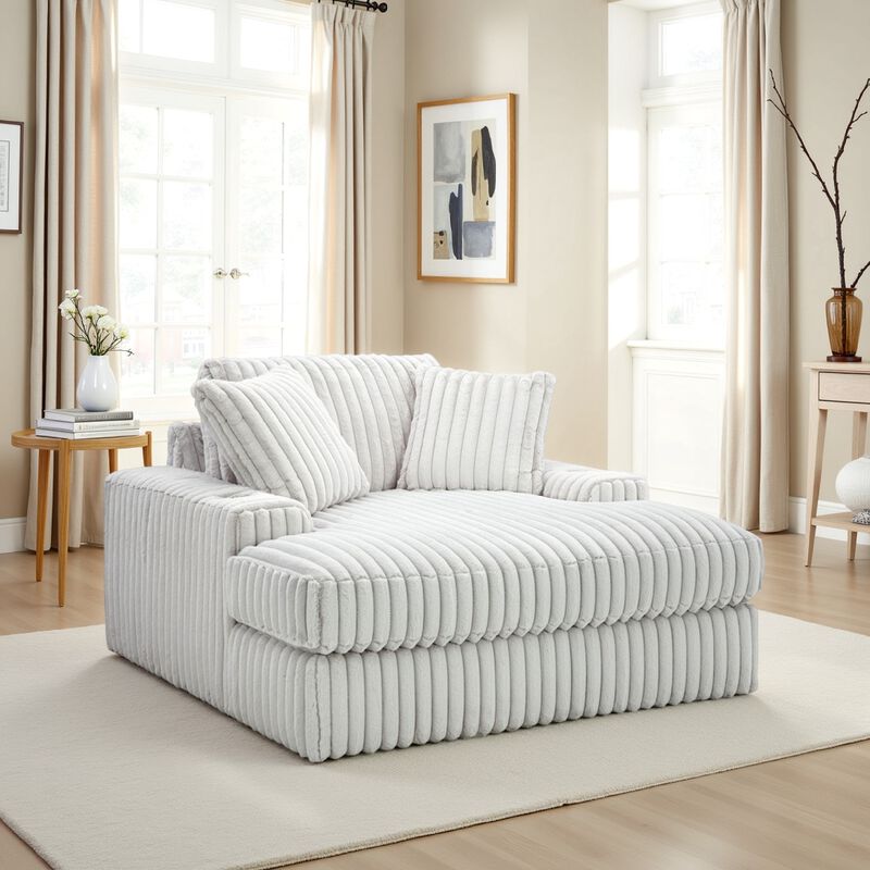 Peno Oversized Lounge Chaise, USB, Light Gray Jumbo Cord Polyester - Benzara