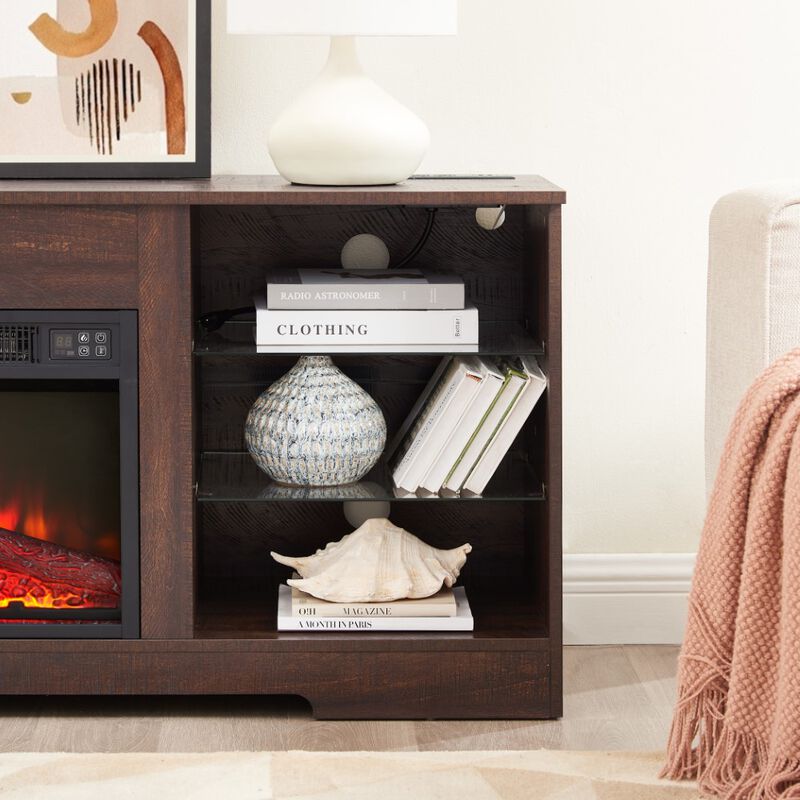 3D Electric Fireplace TV Stand with Glass Shelves, LED Lights & USB Charging Outlet, Fits TVs 32‑62" image number 6