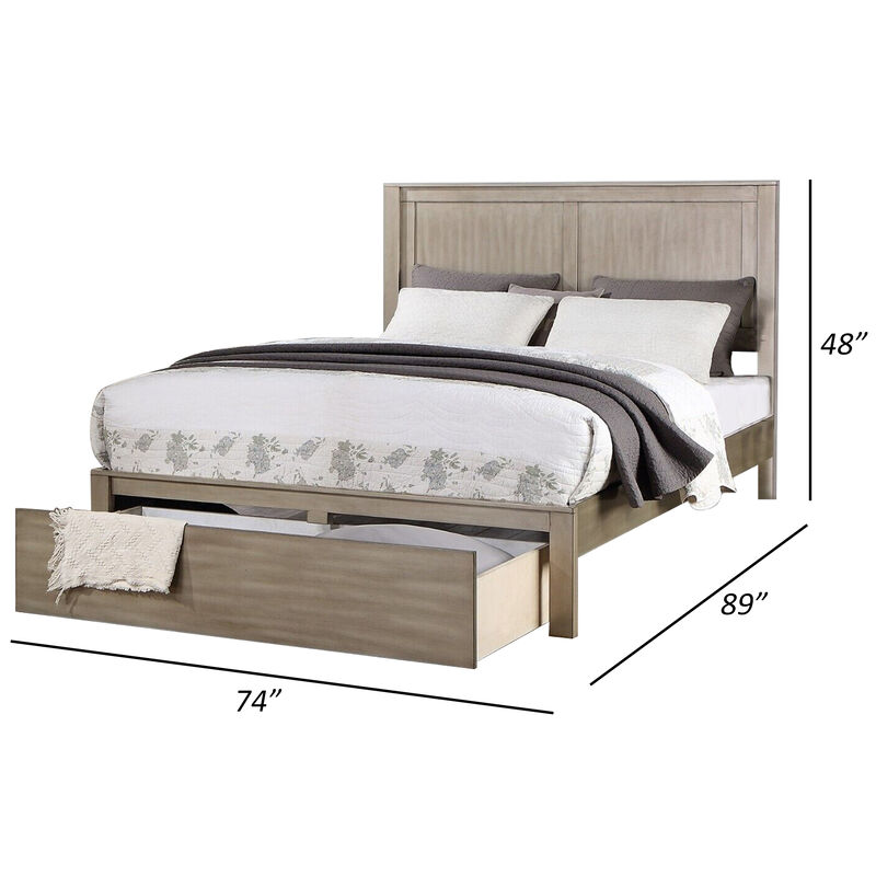 Kali Platform California King Bed, Panel Design, Storage Drawer, Light Tan - Benzara