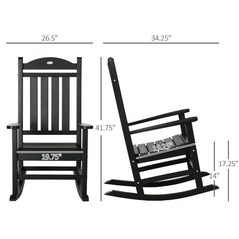 Outsunny Outdoor Rocking Chair, All Weather-Resistant HDPE Rocking Patio Chairs with Rustic High Back, Armrests, Oversized Seat and Slatted Backrest, 350lbs Weight Capacity, Black