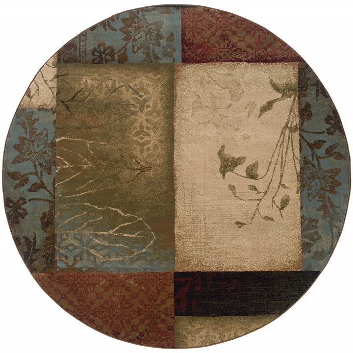 HomeRoots 8&rsquo; Round Beige And Brown Floral Block Pattern Area Rug