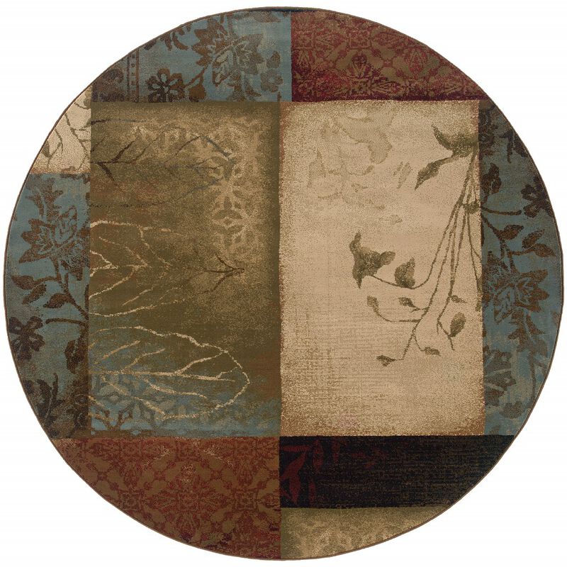 8 Round Beige And Brown Floral Block Pattern Area Rug image number 0