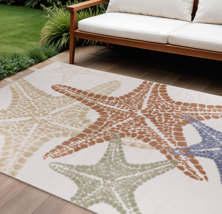 HomeRoots 8' X 11' Ivory Yellow Orange And Green Starfish Indoor Outdoor Area Rug
