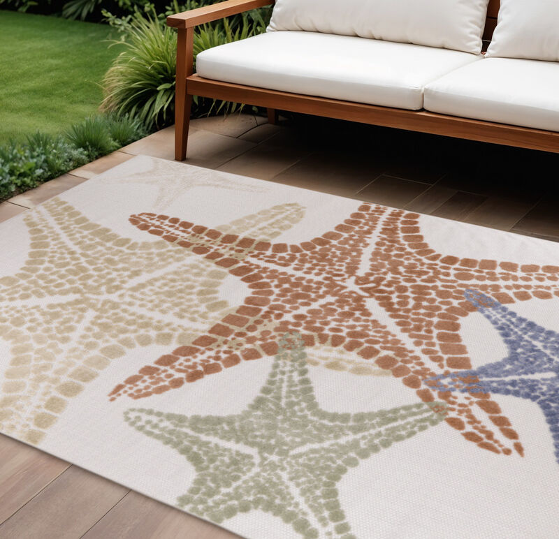 HomeRoots 8' X 11' Ivory Yellow Orange And Green Starfish Indoor Outdoor Area Rug image number 1