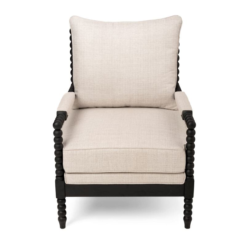 Modern accent chair in fabric and rubberwood, Spindle back chair with foam cushion, Upholstered chair for bedroom office living room image number 0