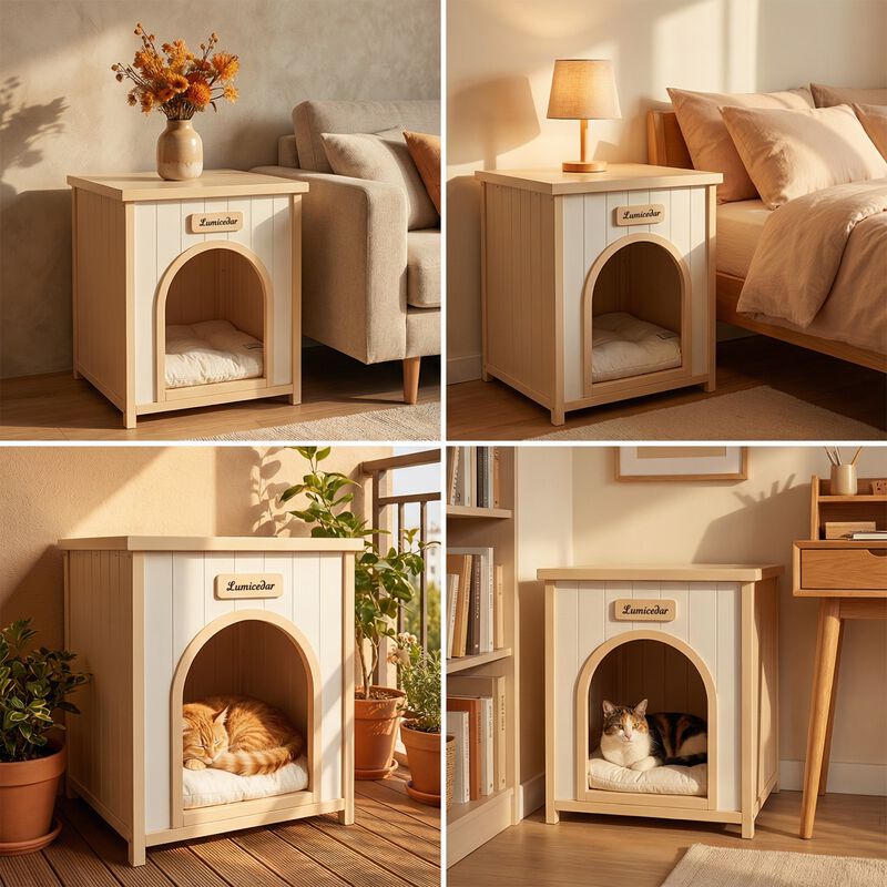 Cream Yellow Flat Roof Pet House, Solid Wood Indoor Shelter for Small Cats & Dogs image number 7