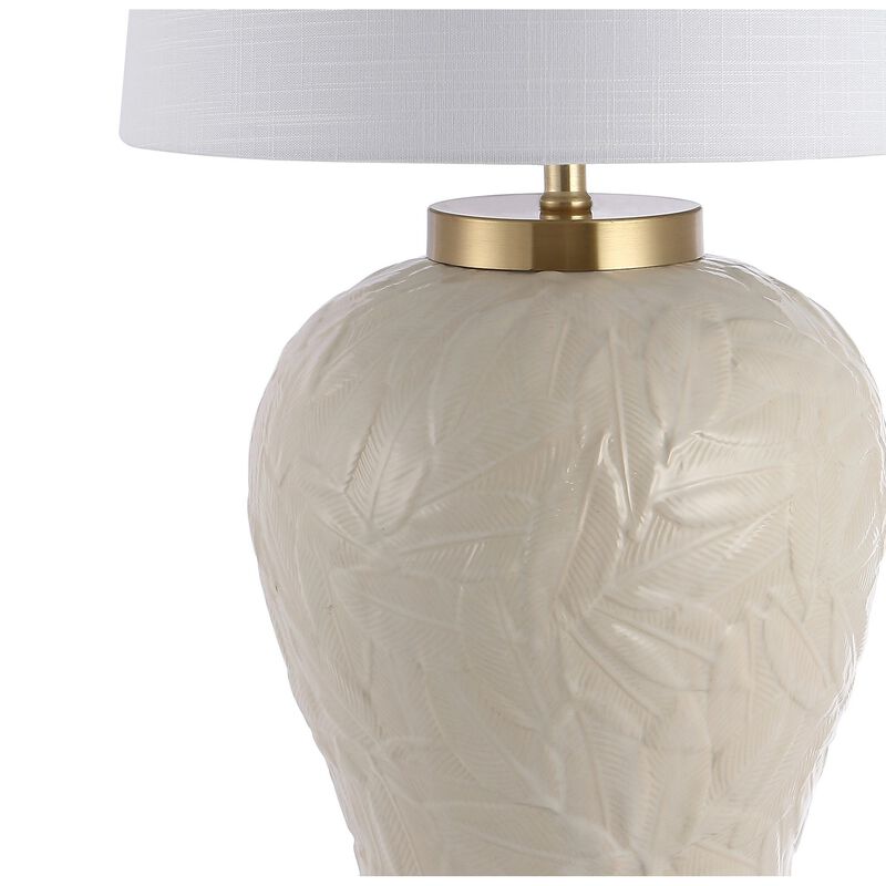 Regency Palm Leaf 31.5" Ceramic/Metal Bohemian Cottage LED Table Lamp, Cream