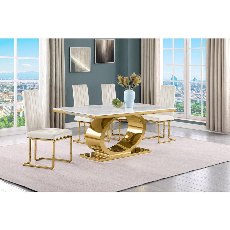 Best Quality Furniture 5pc Small(68) marble top dining set with gold base and 4 Cream side chairs