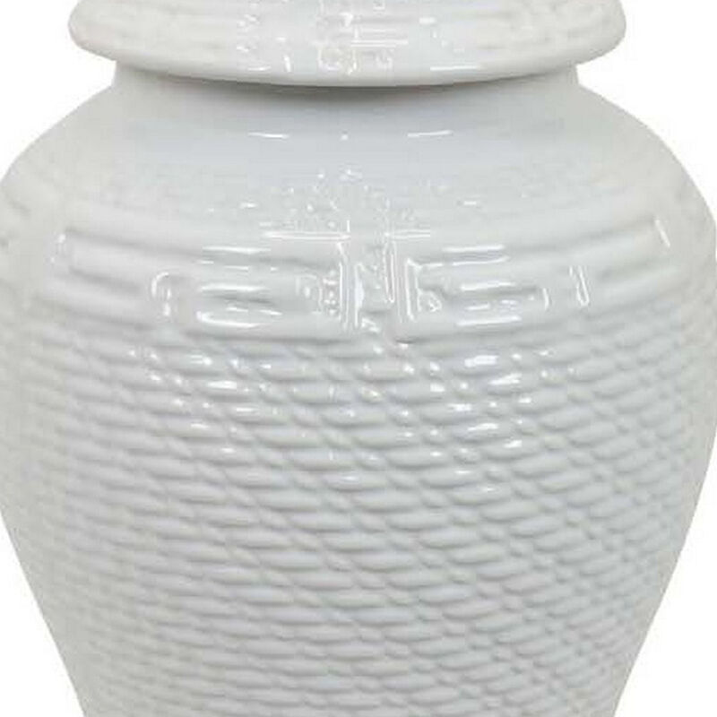 Bryan 18 Inch Ceramic Temple Jar, Geometric Print, Finial Top, White - Benzara