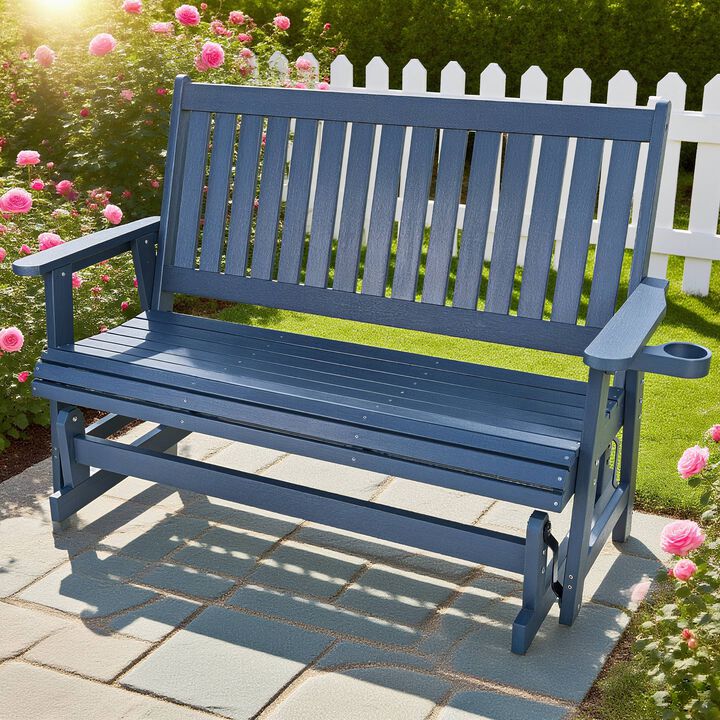 HIPS Patio Glider with Cup Holders, All-Weather Resistant, High Backrest and Deep Contoured Seat, Heavy Duty 900 LB (3-Seat,Navy Blue)