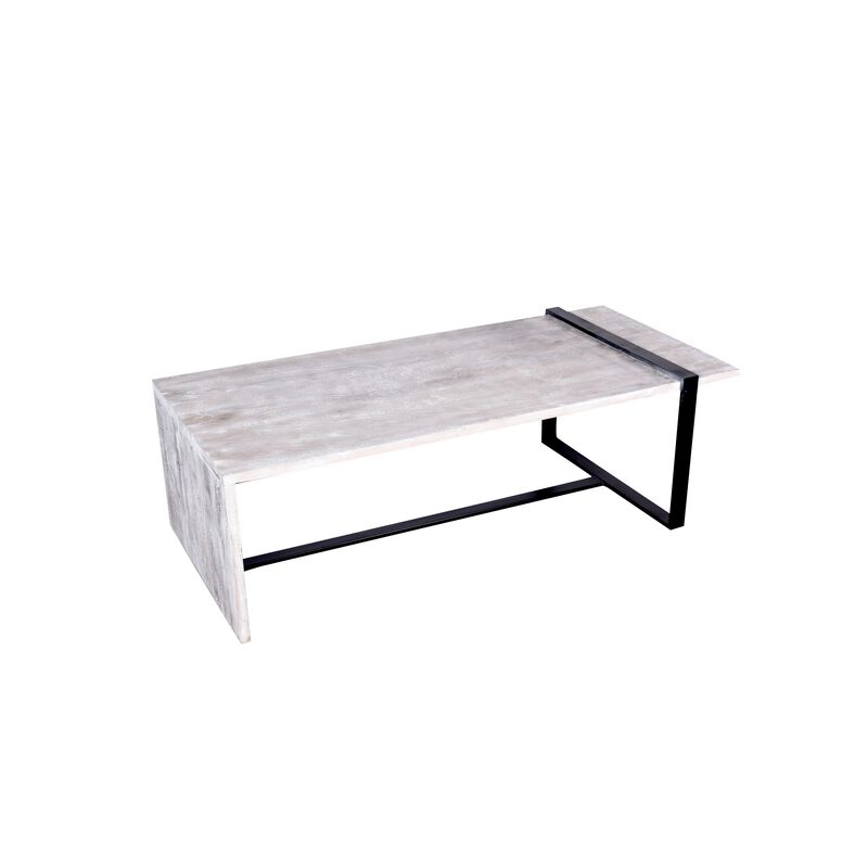 Farmhouse Rectangular Coffee Table with Wooden Top and Geometric Metal Frame, Gray and Black-Benzara