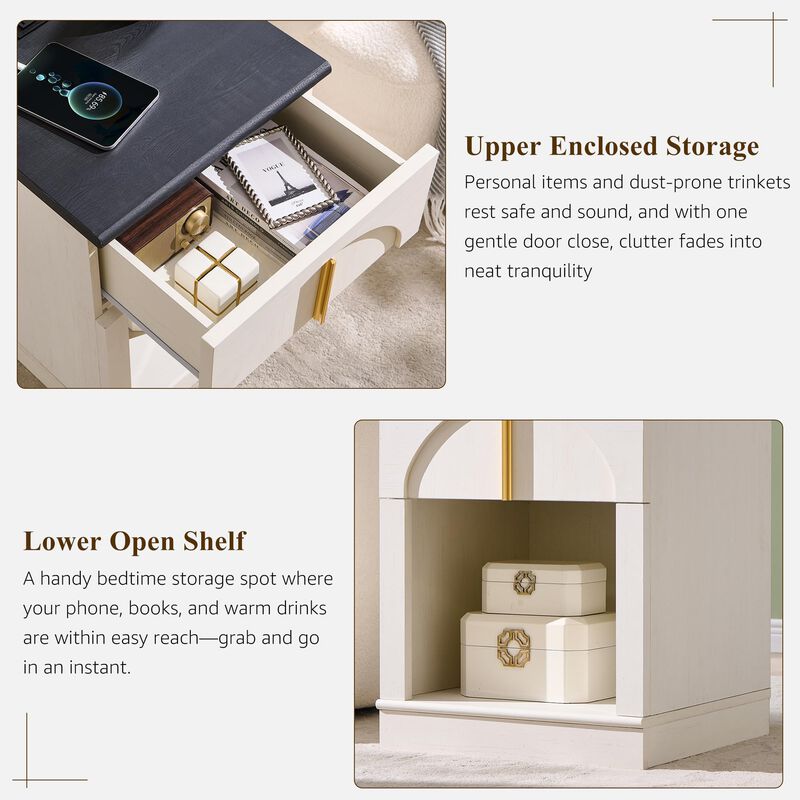 18" Wood Nightstand with Charging Station, Drawer & Open Shelf image number 4