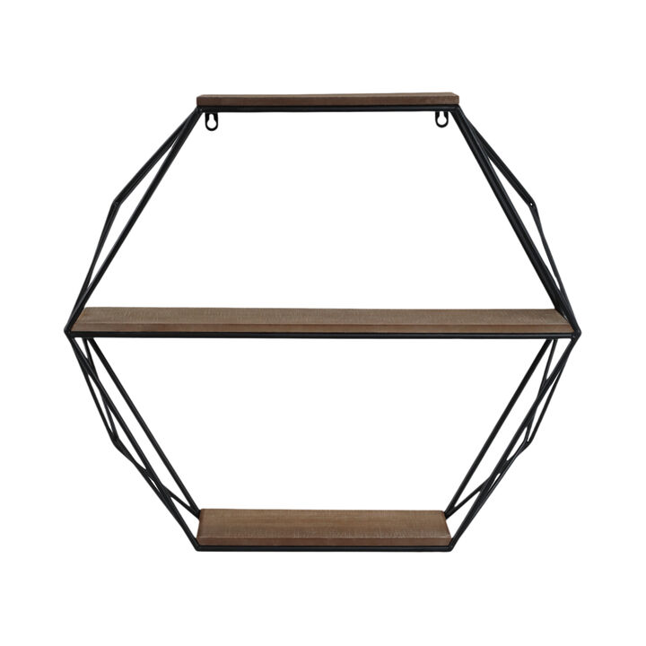 Metal/wood 3 Tier Hexagon Wall Shelf, Brown/black