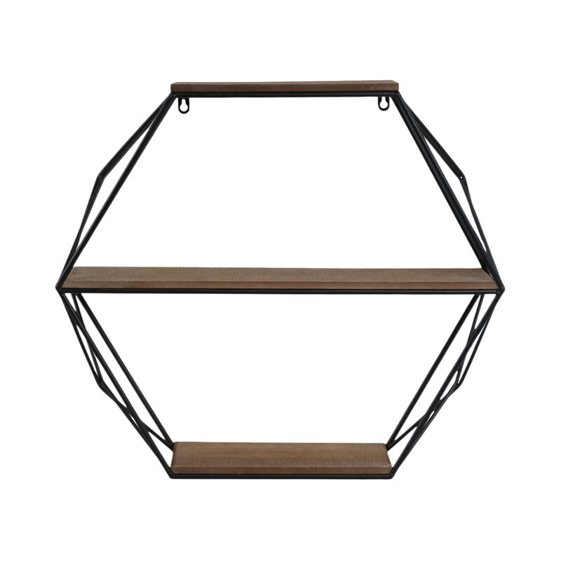 Metal/wood 3 Tier Hexagon Wall Shelf, Brown/black image number 0