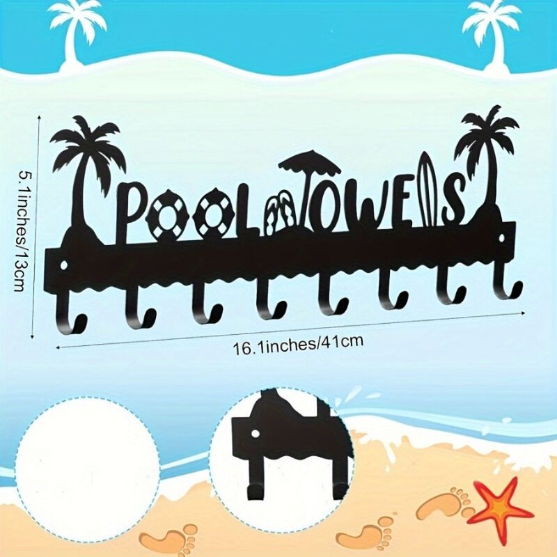 Modern Pool Towel Rack with 8 Hooks, Wall-Mounted Iron Storage Organizer image number 2