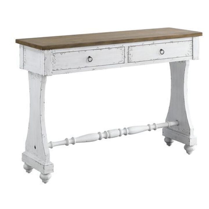 48 Inch 2 Drawer Console Table, Ring Metal Handles, Distressed White-Benzara