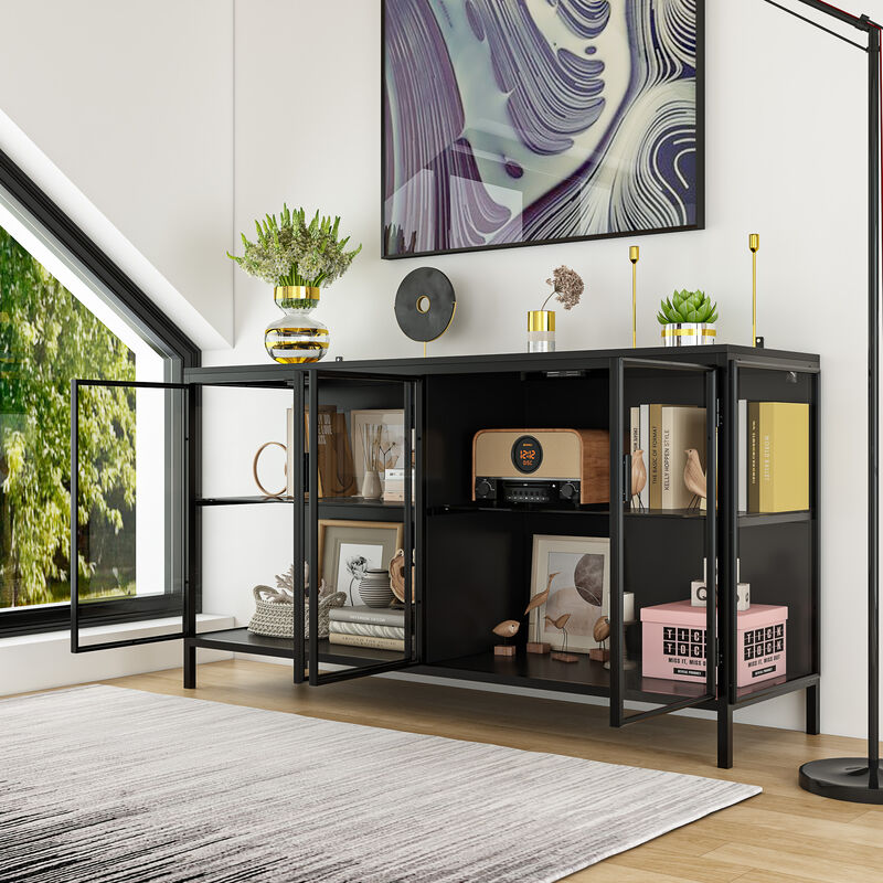 FUFU&GAGA Modern Glass Bookcase, Stylish & Durable Display Cabinet with Glass Doors for Living Room & Office,(55.1" W x 29.5" H x 15.7" D),Black