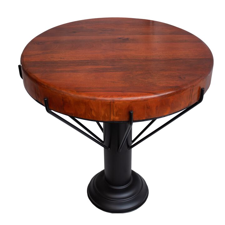 26 Inch Handcrafted Round Side End Table, Thick Mango Wood Top, Black Iron Pedestal Base-Benzara