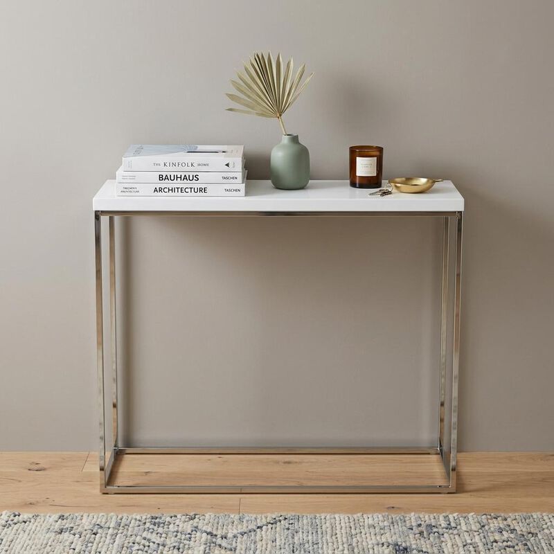 HomeRoots 35" White and Silver Wood and Stainless Steel Frame Console Table image number 1