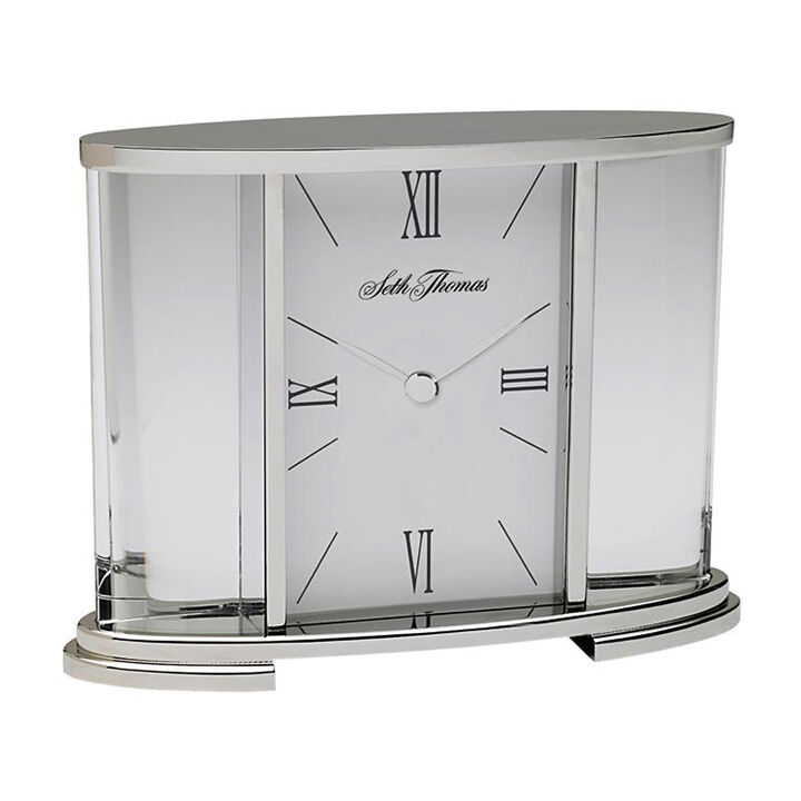 Seth Thomas Silver Glass Carriage Table Clock
