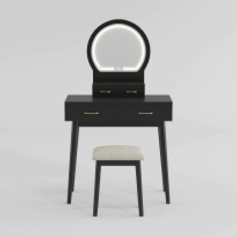 Anvy Vanity Desk Set with Mirror and Stool, 4 Drawers, Black Wood