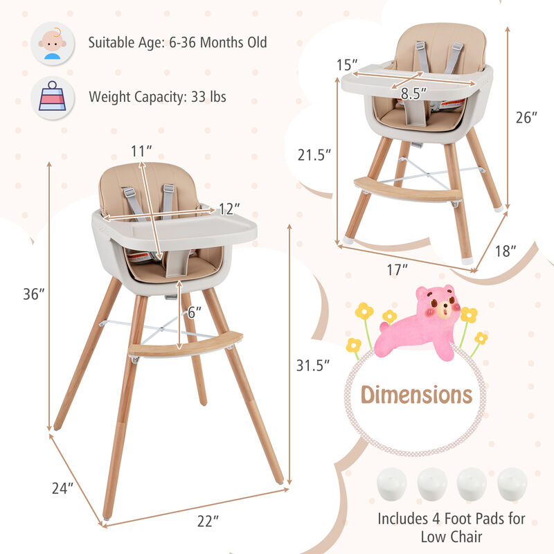 6 in 1 Baby Highchair with Adjustable Legs and Safety Harness, Wooden Convertible Seat image number 3