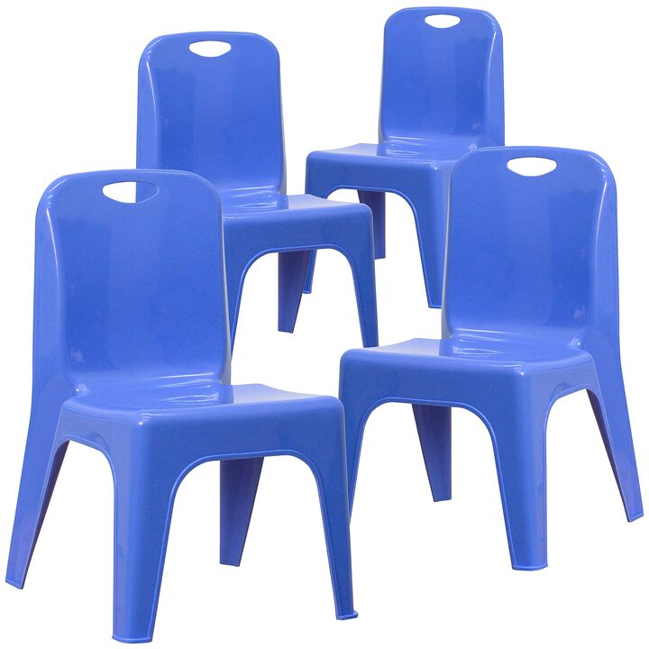 Flash Furniture Whitney 4 Pack Blue Plastic Stackable School Chair with Carrying Handle and 11'' Seat Height